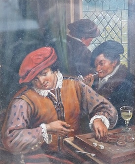 Late 19th century, German or Dutch school, Interior scene, men at draughts, oil on board, gilt framed, 19 x 15cm